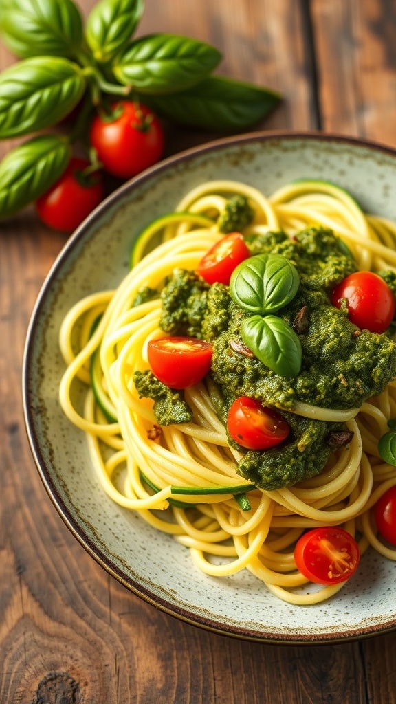 Zucchini Noodles with Pesto - Optavia 5 & 1 Recipe Zucchini noodles with pesto and cherry tomatoes on a rustic table.